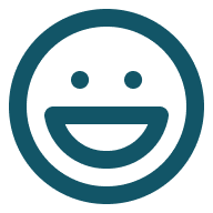 Laughing face icon with a circular outline and open mouth.
